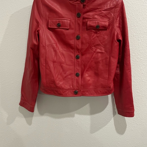Cole Haan Red Leather Jacket Chic Preppy Button Pockets Moto Lined Contemporary - Picture 2 of 9